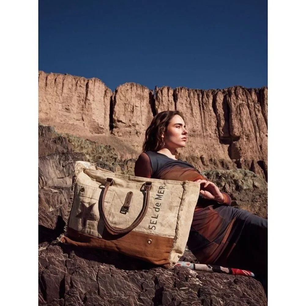 Myra Bag Handmade Winsta Weekender Bag Upcycled Canvas & Cowhide Leather